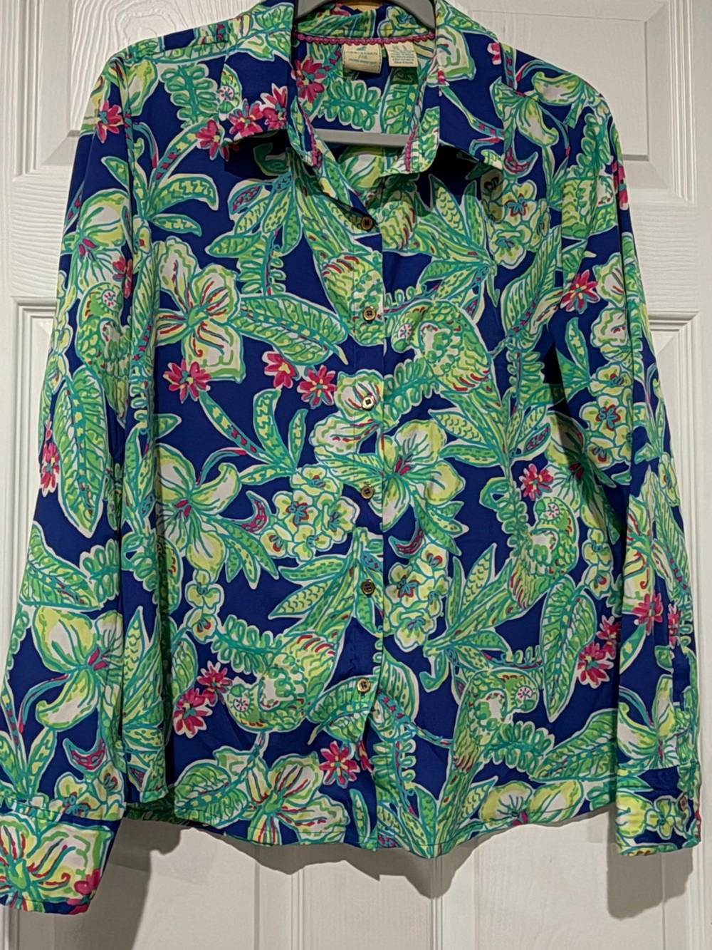 Caribbean Joe Blue Floral Button-Down Shirt with Green & Pink Accents
